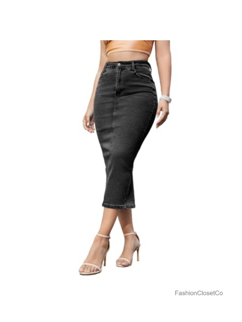 Women's Stretch Denim Midi Jean Skirt Pencil Bodycon Slit